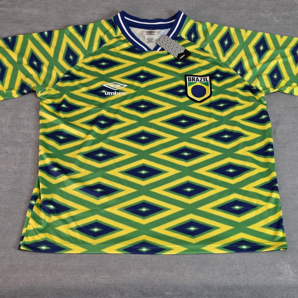 Umbro Mens Brazil Soccer Jersey Geometric Diamond Pattern Green Yellow Large New